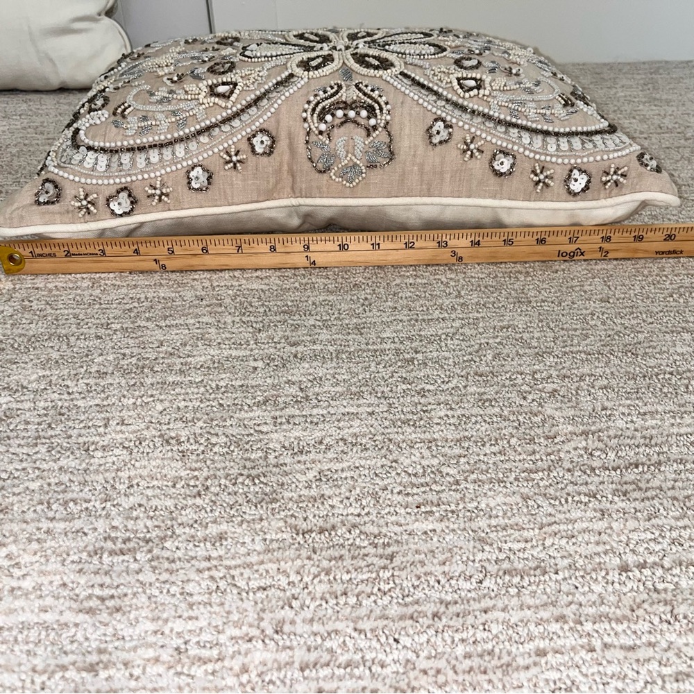 NOBLE EXCELLENCE® Two Embroidered Jeweled Tan Cream & Silver Decorative Pillows - Picture 14 of 15